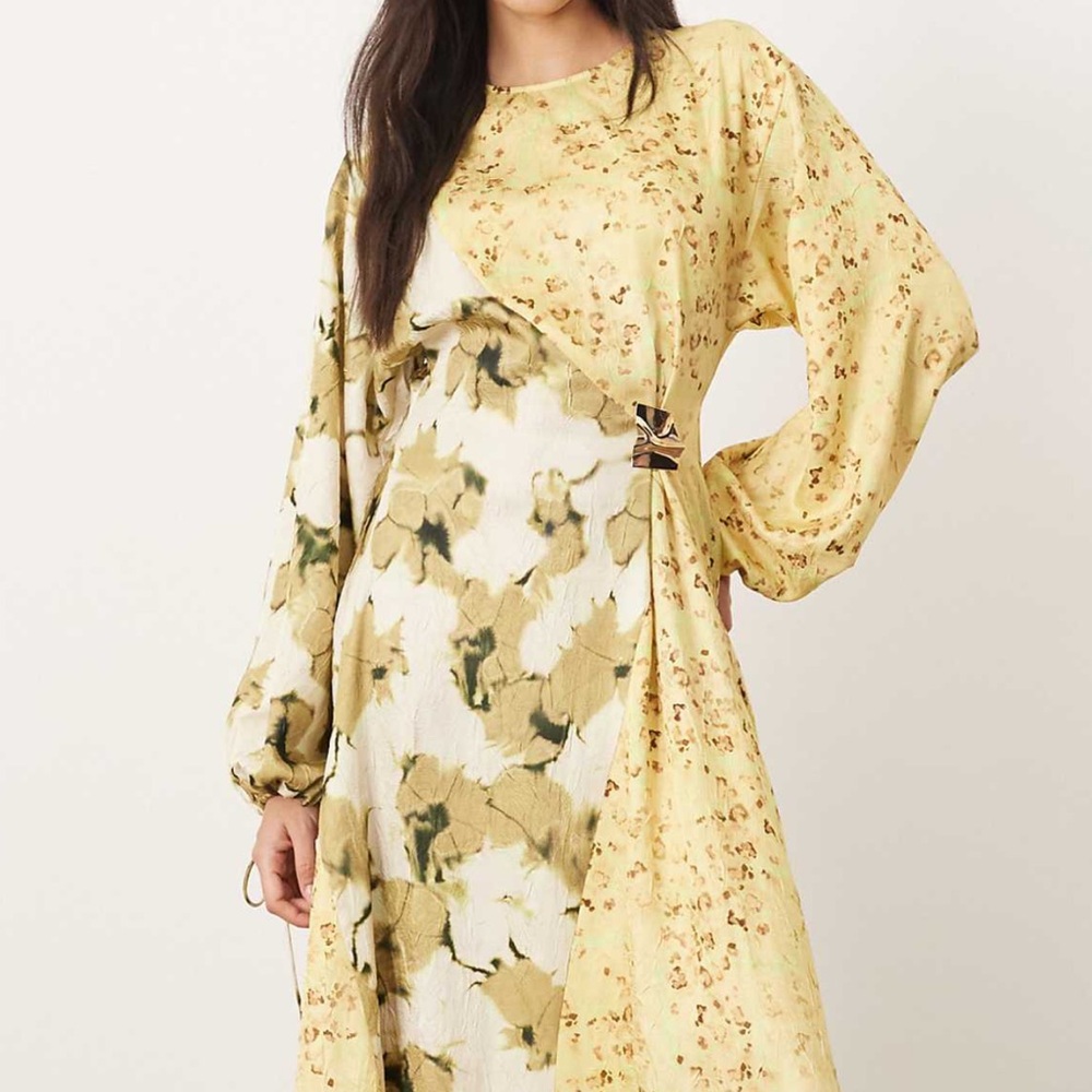 ASOS Yellow and Cream Floral Long Sleeve Dress Satin